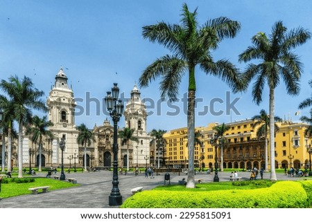 Lima Peru. Plaza de Armas (Plaza Mayor) in the historic centre (Centro Historico), looking towards the Cathedral, Lima, Peru, South America Royalty-Free Stock Photo #2295815091