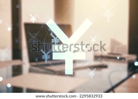 Creative Japanese Yen symbol illustration on modern computer background, forex and currency concept. Multiexposure