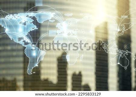 Double exposure of abstract digital world map hologram with connections on blurry cityscape background, big data and blockchain concept