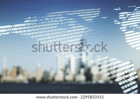 Double exposure of graphic America map hologram on blurry office buildings background, big data and digital technology concept