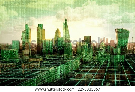 City of London view with with running green code numbers.   Financial district skyline covered by digital connections  