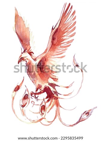 Phoenix illustration. Magical creature watercolor artwork. Phoenix abstract art. Wizard's world concept. Fantasy themed clipart isolated on a white background.