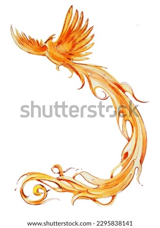 Phoenix illustration. Magical creature watercolor artwork. Phoenix abstract art. Wizard's world concept. Fantasy themed clipart isolated on a white background.