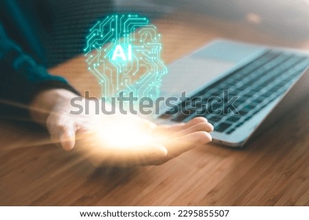 Digital information technology concept. Businessman touching artificial intelligence icon. Chatbot and AI concept.