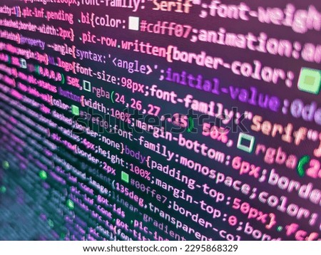 Software data monitor new function. HTML code on the screen editor,. Css3 code on a colorful background. Web software. Abstract Technology Binary code Background