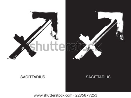 Sagittarius is the symbol for zodiac signs. Black ink handwriting poster in two color versions. Vector