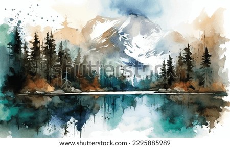 Watercolor painting, picture, landscape -autumn forest, nature, tree. red, orange, autumn, summer trees, fir, pine, yellow sun, blue sky. logo, card, illustration. Abstract splash of paint