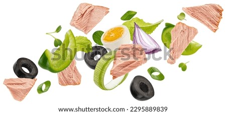 Falling tuna salad isolated on white background Royalty-Free Stock Photo #2295889839