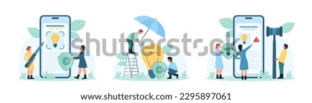 Intellectual property protection set vector illustration. Cartoon tiny people holding judges gavel, umbrella and DMCA shield to protect rights of authors for digital content and brand identity Royalty-Free Stock Photo #2295897061