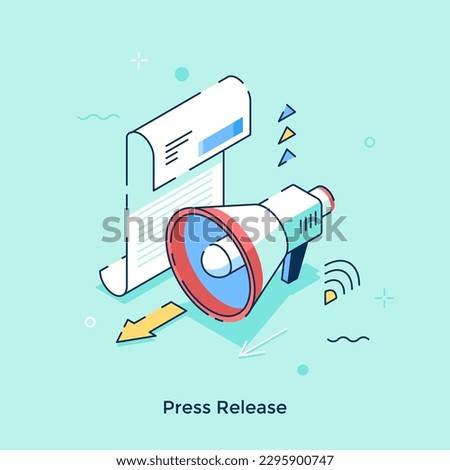 Press Release isometric concept vector illustration. News media official statement cartoon composition on turquoise background for web design. Creative idea for website, mobile, presentation Royalty-Free Stock Photo #2295900747