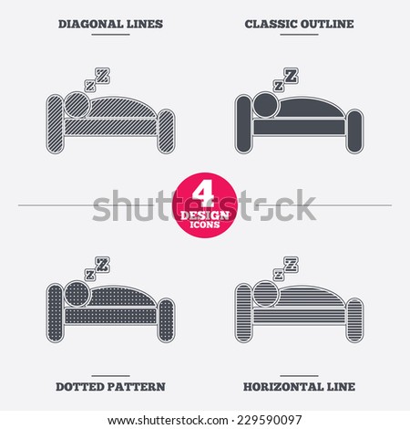 Hotel apartment sign icon. Travel rest place. Sleeper symbol. Diagonal and horizontal lines, classic outline, dotted texture. Pattern design icons.  Vector