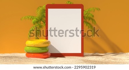 Blank online tablet PC mockup application screen on beach sand and cute objects design, summer booking app. Yellow background, copy space, clipping path. 3d render shopping, vacation, sale template