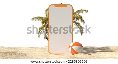 Blank online Smartphone mockup application screen on beach sand and cute objects design, summer booking app. White background, copy space, clipping path. 3d render shopping, vacation, sale template