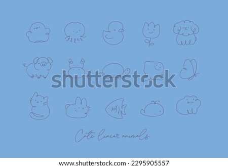Cute animals drawing in line art style on blue background