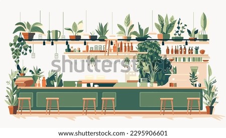 Beautiful cafe interior front view with lots of green plants. Coffee shop counter with bottles at the background.  Royalty-Free Stock Photo #2295906601