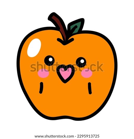 Cute kawaii orange apple. Funny fruit with eyes and mouth. Emoticon, Food emoji. Healthy vegetarian character vector cartoon flat illustration isolated on white background