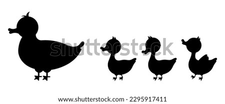 Duck bird with duckling silhouette isolated on white background. Cute farm mother bird with baby flat design simple style vector illustration. Funny poultry duck family.