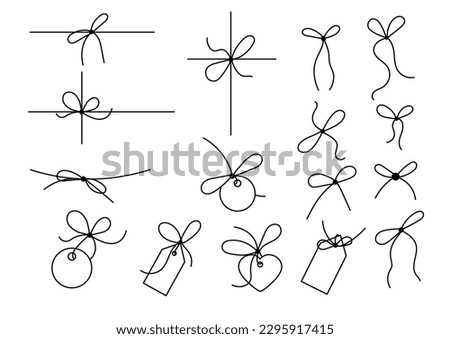 Bow with label tag for gift ribbon string vector silhouette icon set. Black line art rope cord with knot and bow for birthday or holiday christmas package decoration.