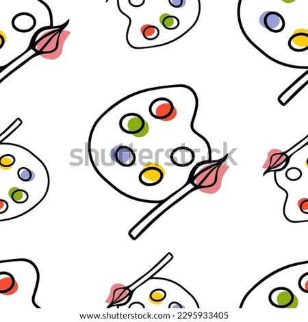 Seamless pattern Doodle palette with paints. Artists set. palette and brush