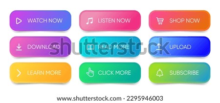 3d click here web buttons. Set of action button, hand cursor and arrow pointing click link buttons. Add to cart, shop now, download buttons. Online shopping icons for UI UX website, mobile app. Royalty-Free Stock Photo #2295946003