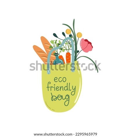 Reusable bag with purchases. Lettering "Eco friendly bag". Zero waste, sustainable lifestyle concept. Flat style vector illustration.