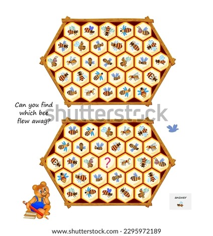 Logic puzzle for children and adults. Can you find which bee flew away? Educational game. Page for kids brain teaser book. Task for attentiveness. Play online. Cartoon vector. Royalty-Free Stock Photo #2295972189