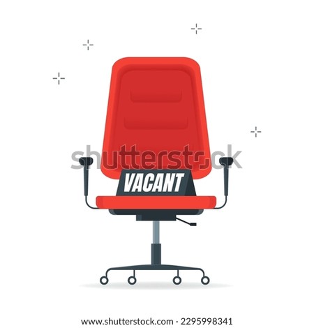 Empty office chair with vacant sign. Employment, vacancy and job recruitment vector concept. Chair vacancy, employee search illustration. Vector illustration.