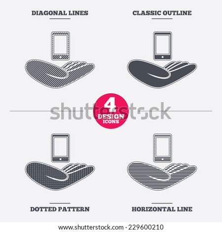 Smartphone insurance sign. Hand holds mobile phone symbol. Diagonal and horizontal lines, classic outline, dotted texture. Pattern design icons.  Vector