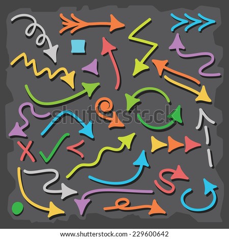 Hand drawn colorful direction arrow icons set