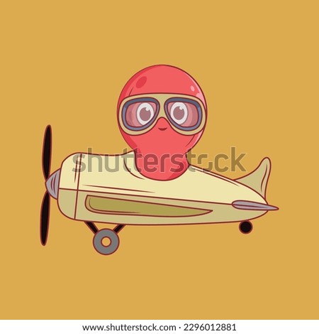 Cute Pilot octopus with airplane Cartoon Sticker vector Illustration