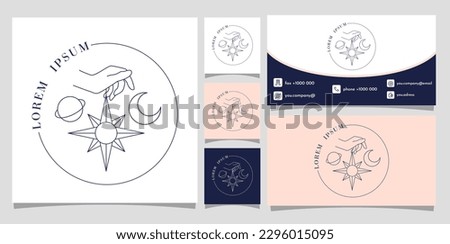 Boho hand with space logo. Collection of graphic elements for website. Person holds crescent, star and planet. Mysticism and esotericism. Cartoon flat vector illustrations isolated on white background