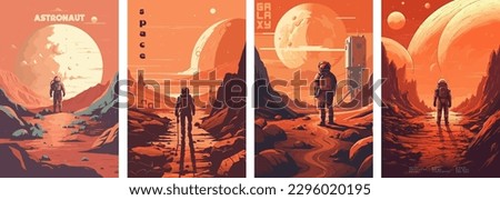 Retro science fiction, a space exploration scene on Mars and astronaut illustration poster set. Royalty-Free Stock Photo #2296020195