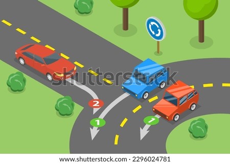 3D Isometric Flat Vector Conceptual Illustration of Traffic Regulating Rules, Roundabout Crossing