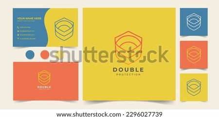 shield modern logo in simple mono line and business card Royalty-Free Stock Photo #2296027739