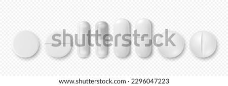 Vector 3d Realistic White Round, Oval Pharmaceutical Medical Pill, Capsule, Tablet Icon Set Closeup Isolated. Pill Collection. Front, Top View. Medicine, Health Concept Royalty-Free Stock Photo #2296047223
