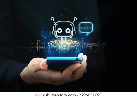 Digital chatbots on smartphones access data and information in online networks. Robot Applications and Global Connectivity AI Artificial Intelligence innovation and technology Royalty-Free Stock Photo #2296051695