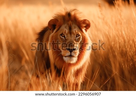 Wildlife photography of a male lion haunting in Savannah field at sunset