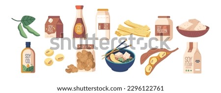 Set Of Soy Bean Products, Including Tofu, Soy Sauce, Soy Milk, Miso Paste Or Soup, And Edamame Beans Royalty-Free Stock Photo #2296122761