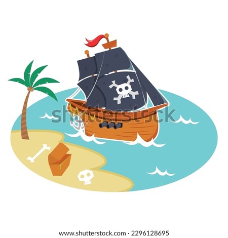 kids story book about pirate ship near island with coconut tree, skull and treasure box cartoon vector illustration design