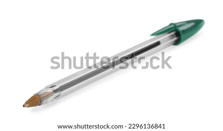 New green plastic pen isolated on white, closeup