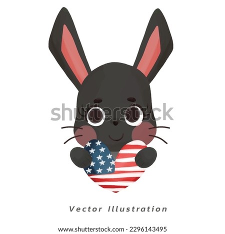 Cute cartoon a rabbit or bunny is holding a heart balloon in watercolor style vector illustration. the holiday Independence Day of American,USA,4th of July.
