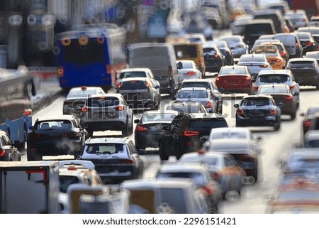 many cars on the road top view traffic jam rush hour Royalty-Free Stock Photo #2296151421