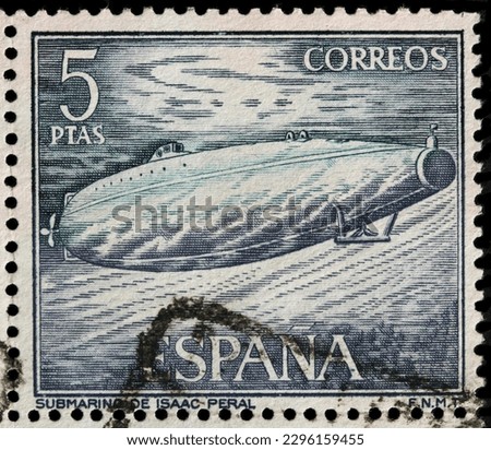 LUGA, RUSSIA - APRIL 9, 2023: A stamp printed by SPAIN shows first electric battery-powered submarine built by Spanish engineer and sailor Isaac Peral. Circa 1964.