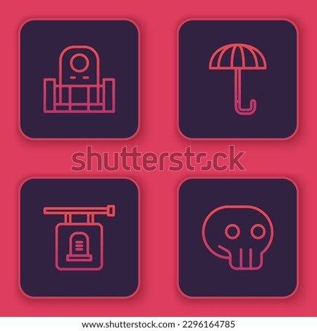 Set line Grave with tombstone, Signboard, Umbrella and Skull. Blue square button. Vector