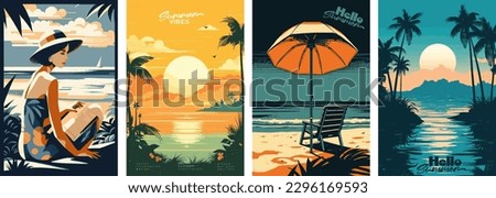 Set of summer vacation vector illustration posters with seaside landscape, sunbed, woman on vacation, summer sunset, retro and modern style, for a greeting card Royalty-Free Stock Photo #2296169593