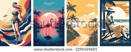 Set of summer vacation vector illustration posters with seaside landscape, sunbed, woman on vacation, summer sunset, retro and modern style, for a greeting card Royalty-Free Stock Photo #2296169601