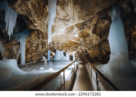 Picturesque underground world of the Demanovska ice cave with ice pillars. Location place Low Tatras National Park, Slovakia, Europe. Photo wallpaper. Famous landmarks. Discover the beauty of earth.