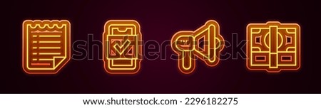 Set line Wish list template, Mobile shopping, Megaphone and Stacks paper money cash. Glowing neon icon. Vector
