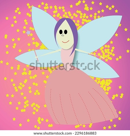 Vector fantasy illustration. A fairy in a skirt and a magic wand in her hand. On the background of a small yellow star. Fairy tale, fairy, wings, cute, childish, wand, fantasy.