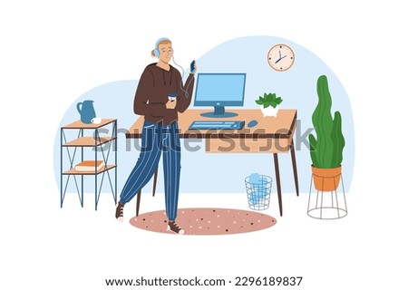Workplace blue concept with people scene in the flat cartoon style. Girl came to her workplace with coffee. Vector illustration.